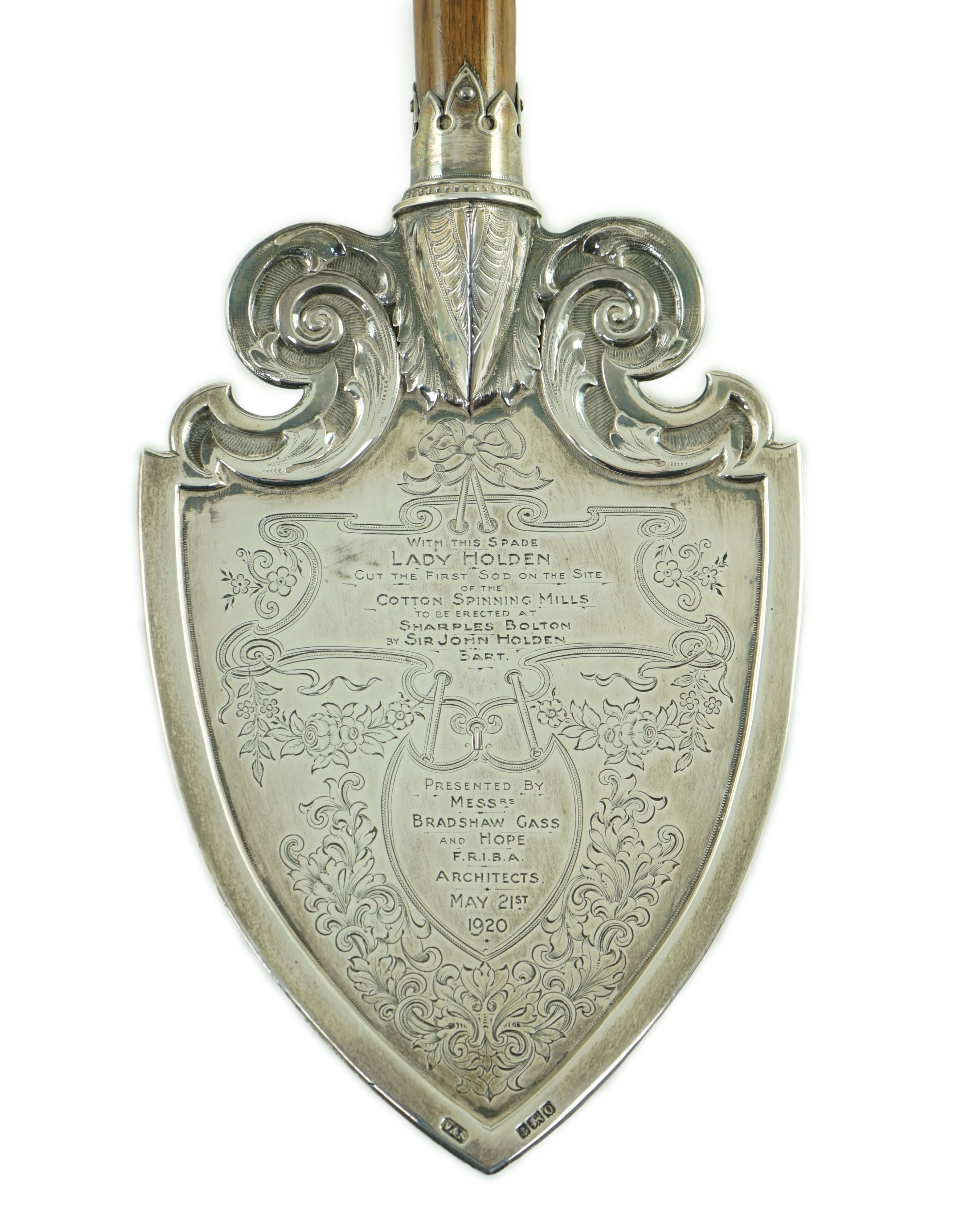 A large George V silver mounted oak presentation spade, by Vaughton & Sons